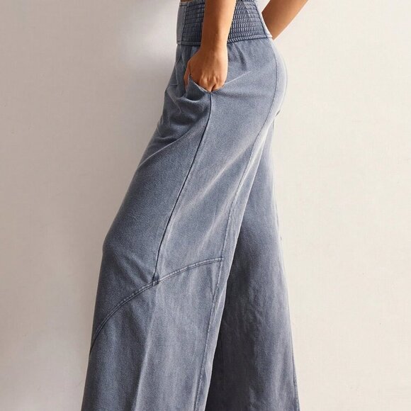 Grey Casual Women's Loose Wide Leg Washed Pants - Picture 7 of 7